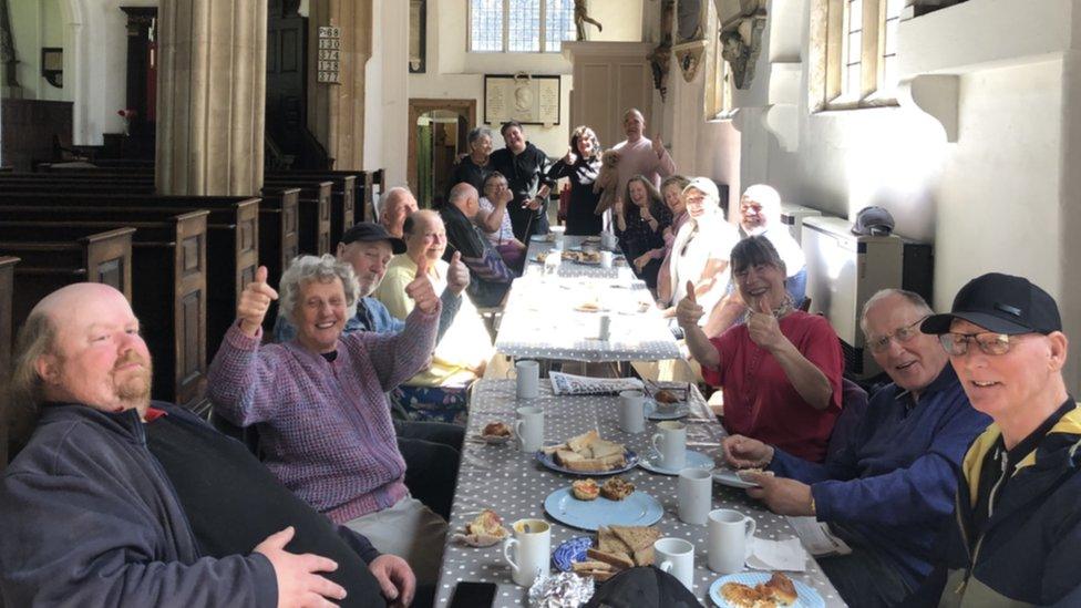 People attending a coffee morning at St George, Colegate, Norwich