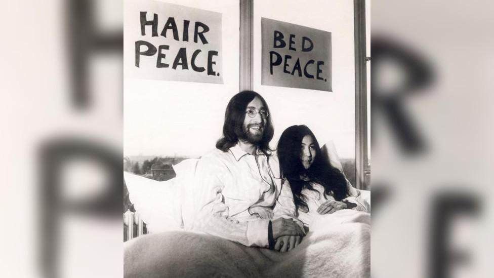 John Lennon and Yoko Ono at their bed-in