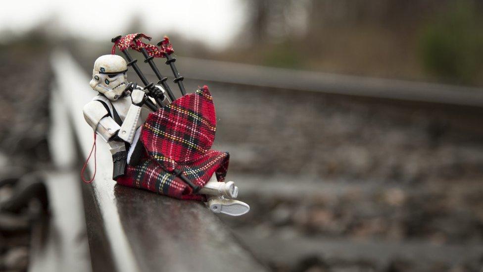 Darryll Jones photograph of Star Wars stormtrooper playing bagpipes