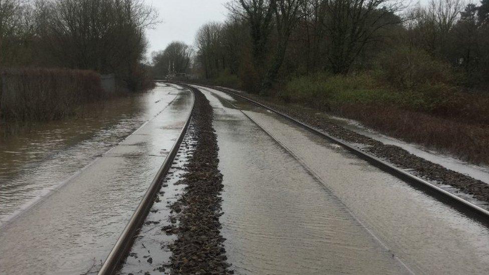 Flooded railway line near St Fagans, south Wales