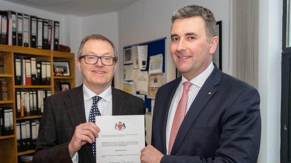 Tim Johnston, Isle of Man enterprise minister receives warrant of appointment from First Deemster Andrew Corlett