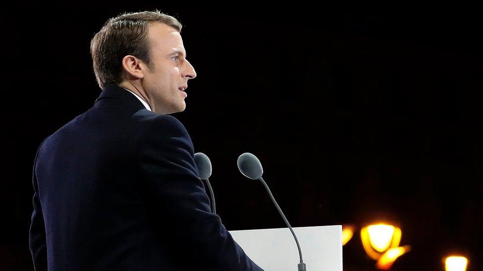 French president-elect Emmanuel Macron delivers a speech in front of the Pyramid at the Louvre Museum in Paris, France, 07 May 2017