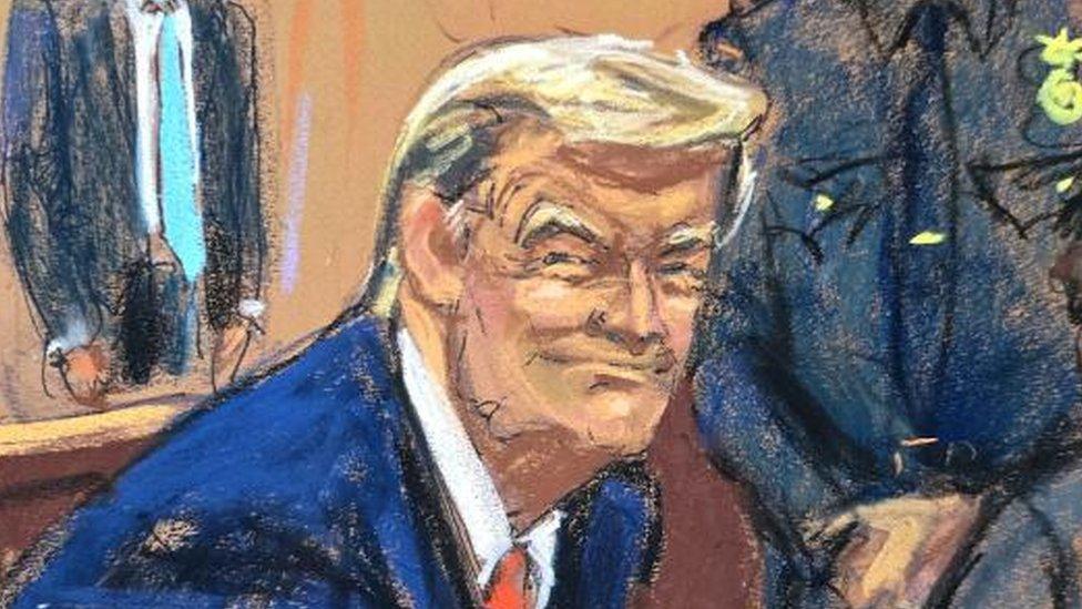 A court sketch of Donald Trump