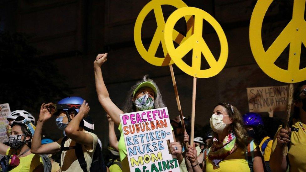 'Wall of Moms' protesters in Portland, Oregon, on 21 July 2020