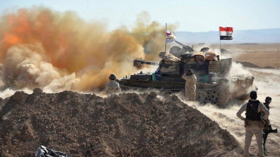 Iraqi army fire against Islamic State militants on the outskirts of Tal Afar, Iraq, on 20 August 2017.