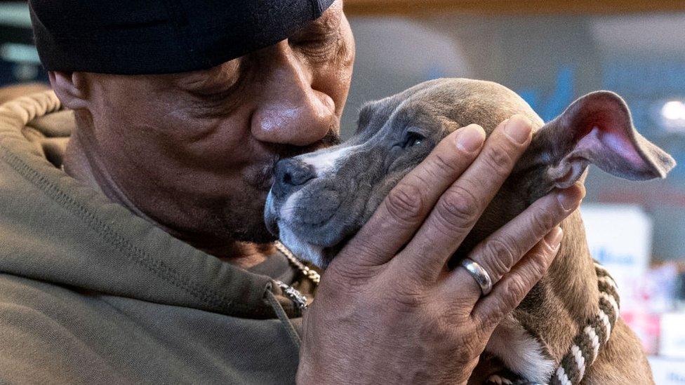 Mark Vaughan kisses his new puppy, re-named Moe, during an adoption event at the Humane Rescue Alliance in Washington DC on Saturday