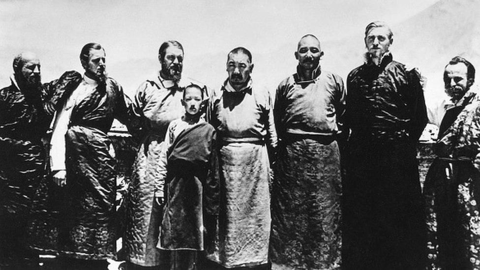 ERNST SCHAFER (1910-1992). German hunter and zoologist. Schafer (third from left) on his third expedition to Tibet, this one sponsored by the SS Ahnenerbe organization. Photographed in Shigatze, Tibet, 1939