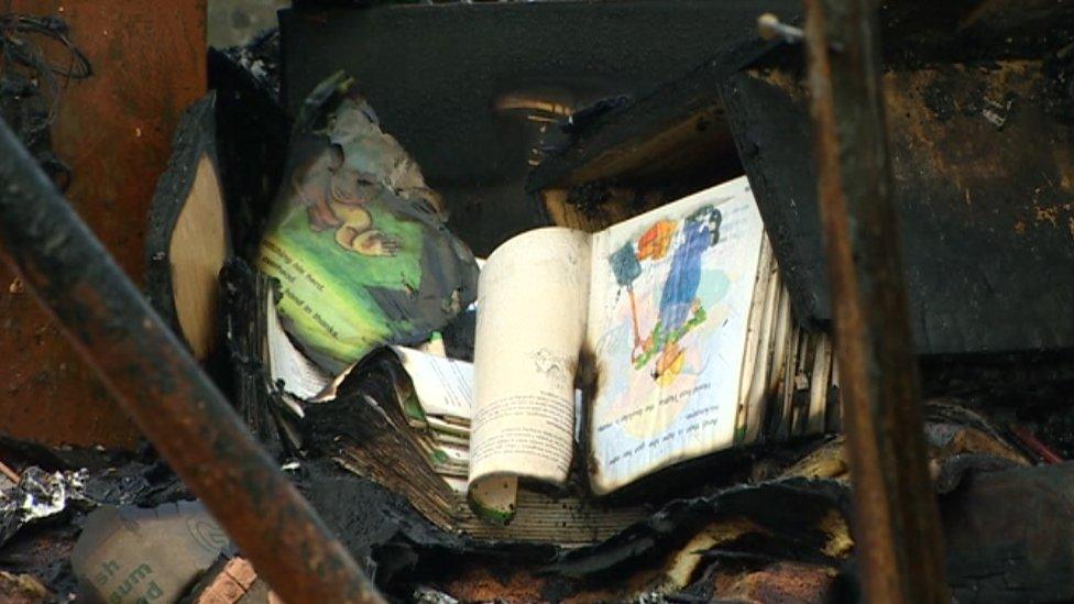 Fire-damaged books at Coed Eva Primary School