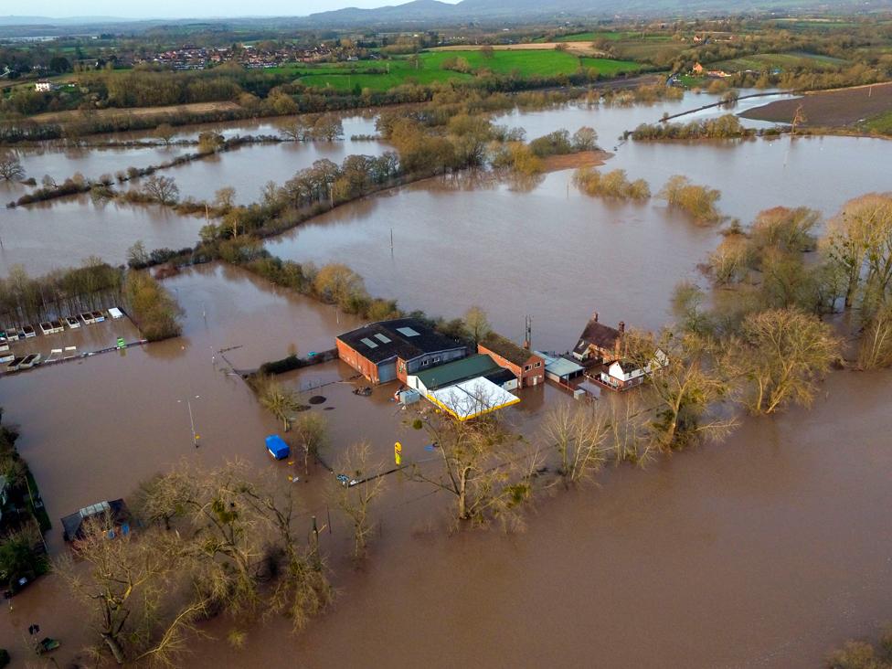 Flood water surrounds Upton upon Severn in Worcestershire