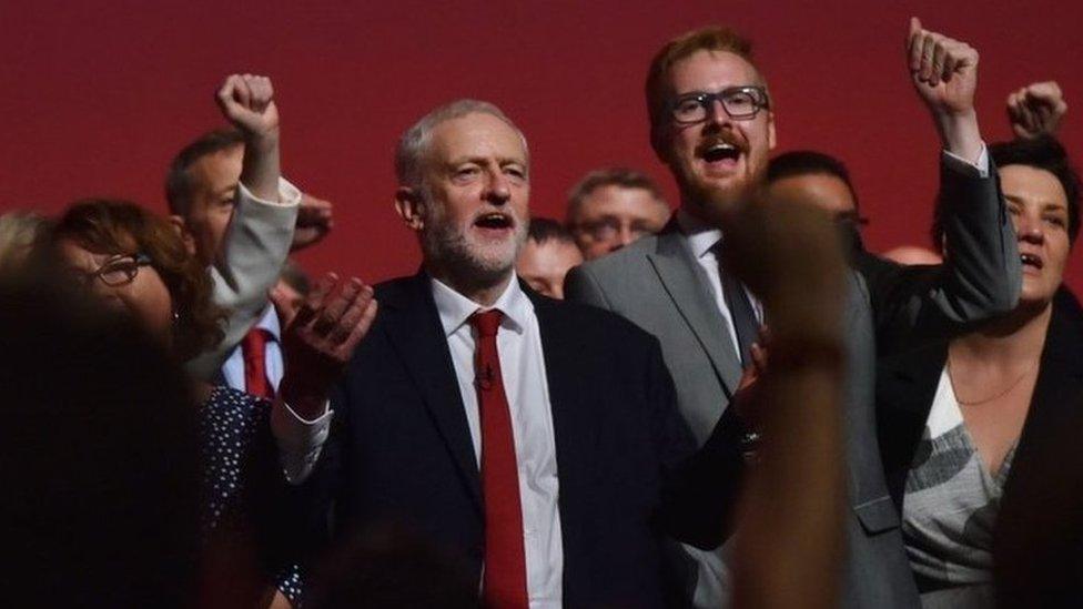 Jeremy Corbyn and other Labour delegates at the end of the 2017 conference