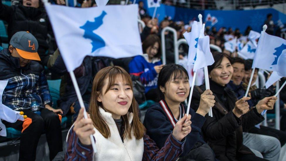 Supporters wave a united Korea flag