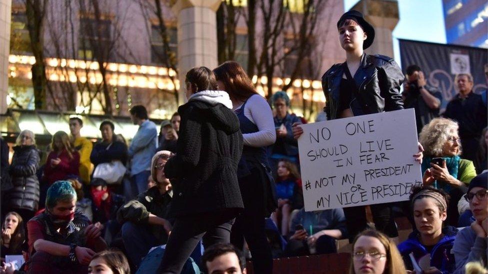 Protesters outside the courthouse in Portland, Oregon, in the US, 10 November 2016