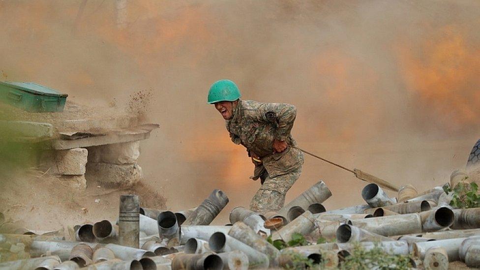 Armenian Defence Ministry photo shows Armenian soldier during clashes with Azerbaijani forces. 30 Sept 2020