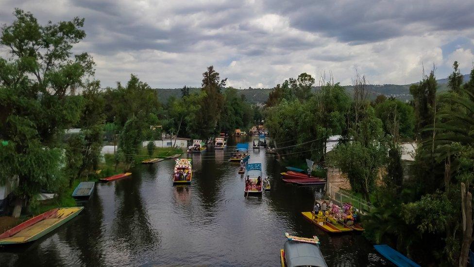 aerial view of the canals of Xochimilco in Mexico City.