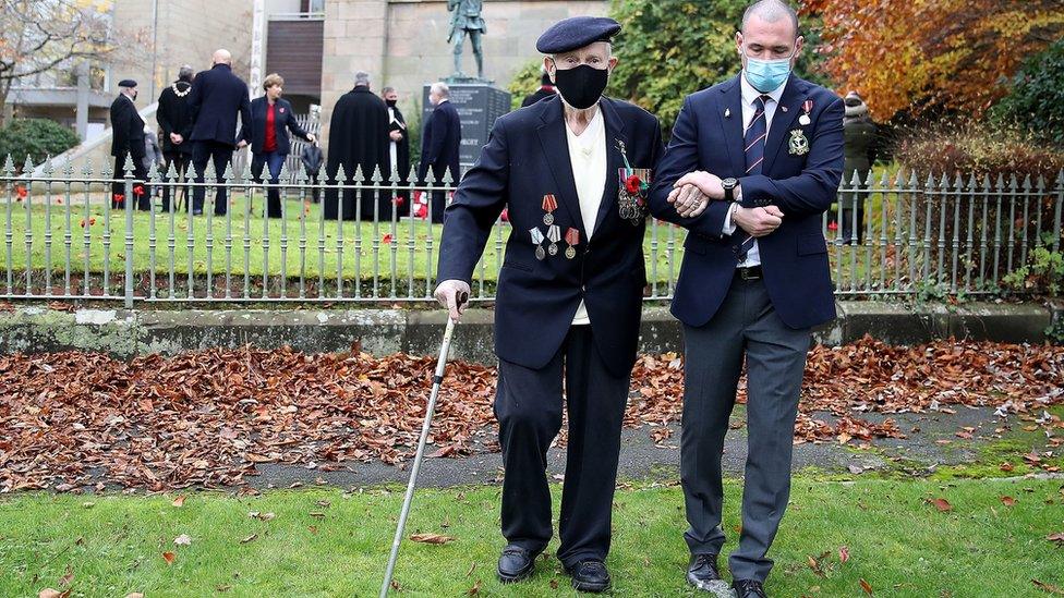 World War Two Malcolm Clerc, 94, who served in the Navy Atlantic convoys, after a socially distanced Remembrance service in Knutsford, Cheshire