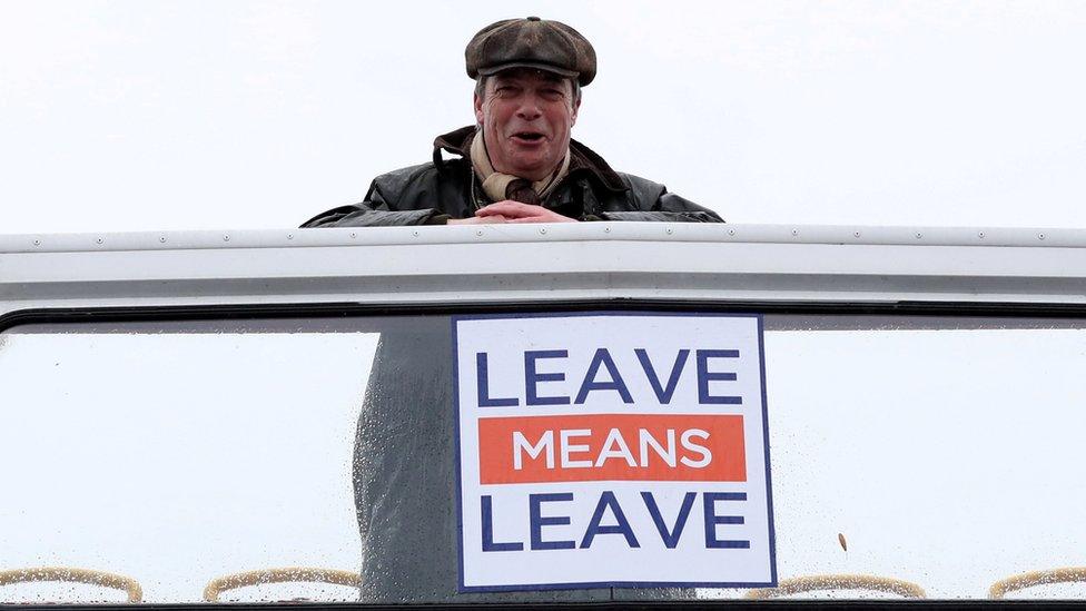 Nigel Farage looking down from the top of a bus at the first leg of the March to Leave demonstration, embarking from Sunderland to Hartlepool