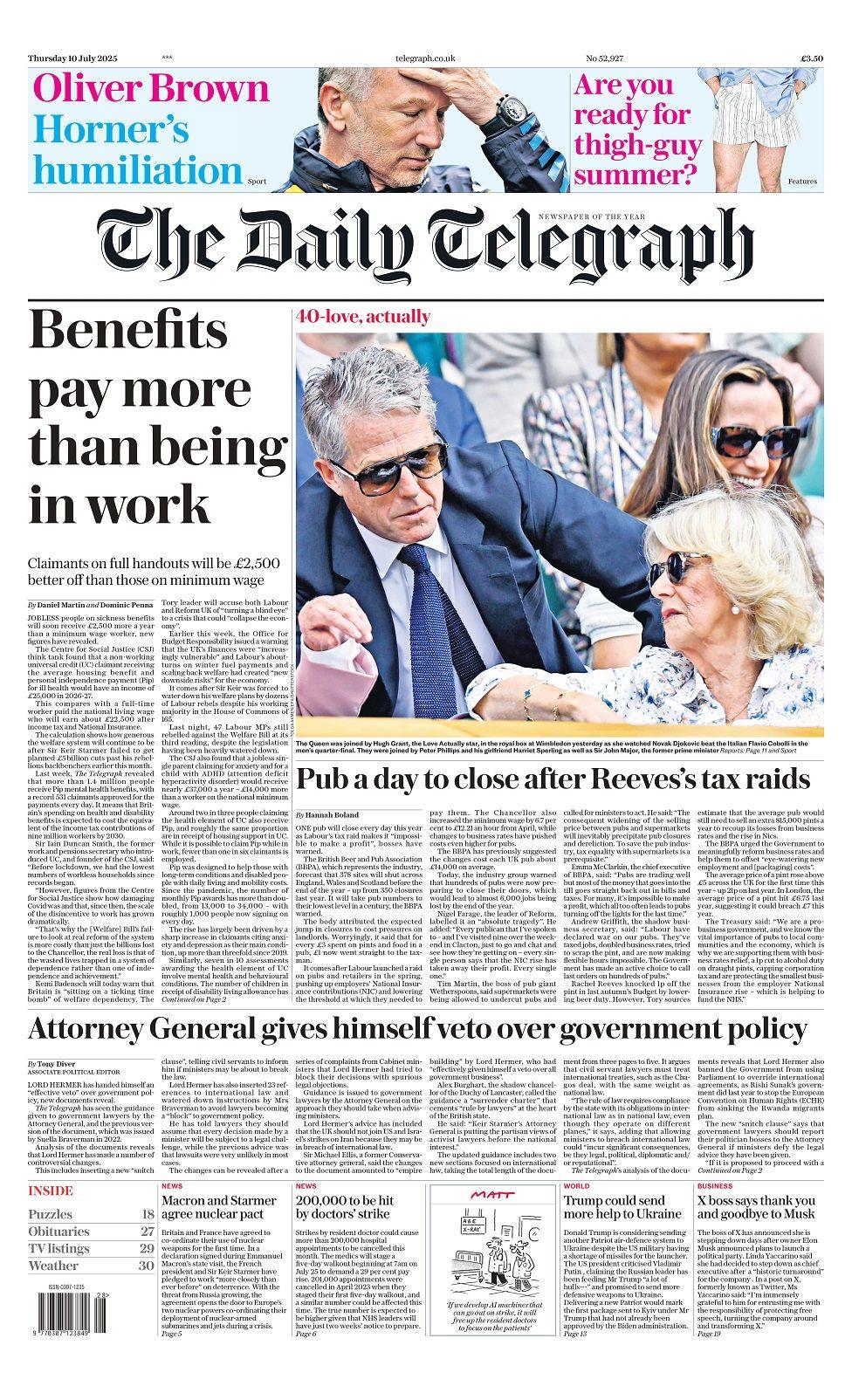 "Benefits pay more than being in work" is the headline on the Daily Telegraph's Thursday front page.