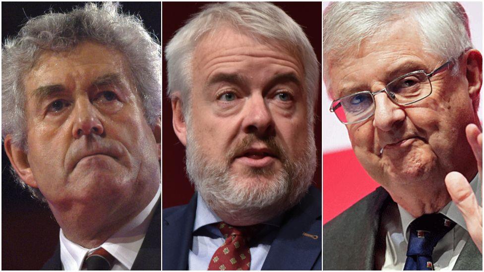 Three separate photos of Rhodri Morgan, Carwyn Jones and Mark Drakeford. They are all wearing white shirts and ties. 