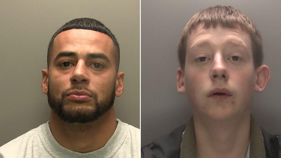 Police custody photographs of Alistair Renwick and Callum Traynor, Renwick has dark hair and beard and is wearing a grey top. Trainor has short brown hair and is wearing a dark top.