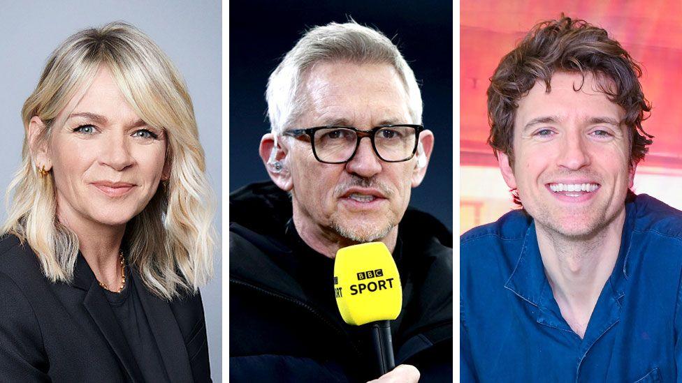 A composite of Zoe Ball, Gary Lineker and Greg James
