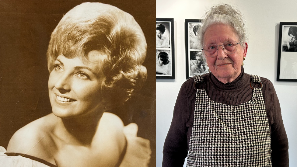 A black and white photo of Janetta, left, with glamorous hair and makeup, taken in the 1960s when she was a younger woman, and a photo of her taken in the present day. She is now a much older lady with grey hair. 