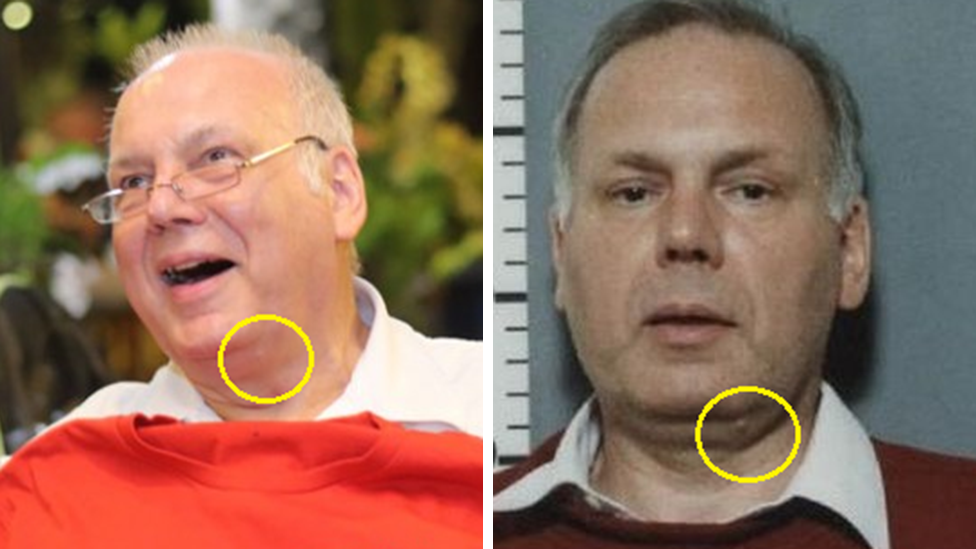 Composite image showing Richard Burrows as an older man on the left in glasses and a white shirt, and on the right in his police mugshot photo in 1990s. In both photos a pimple on his neck is circled in yellow