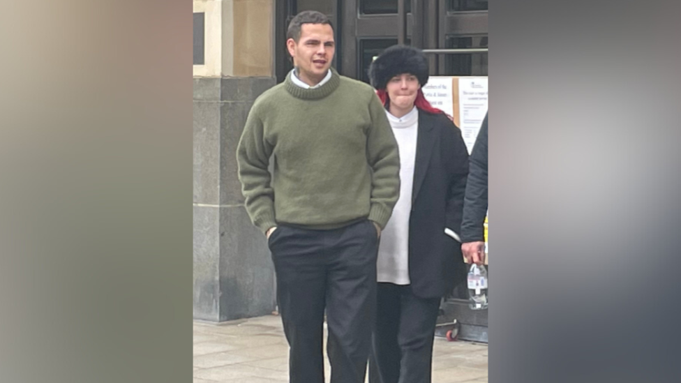 Tyron Frampton, known by the stage name Slowthai, leaving Oxford Crown Court on Monday alongside his wife Anne-Marie.