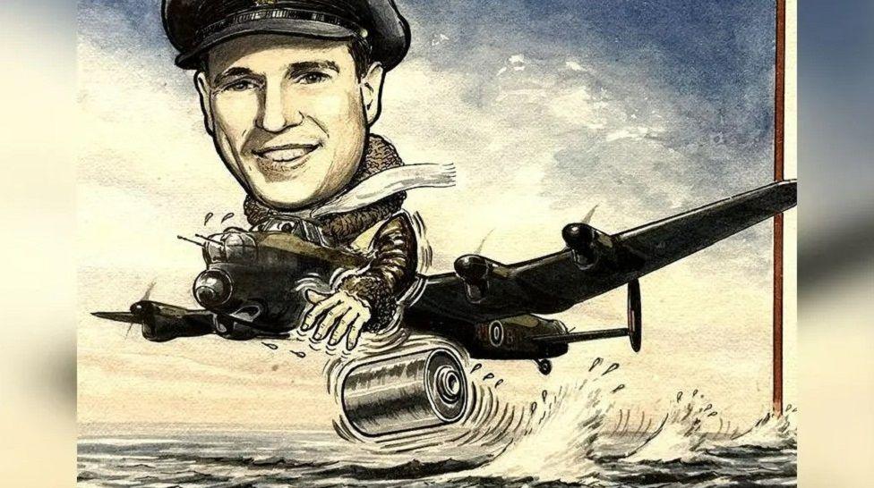 A cartoon illustration of an oversized Wing Cdr Guy Gibson in uniform dropping a bouncing bomb from atop a Lancaster bomber