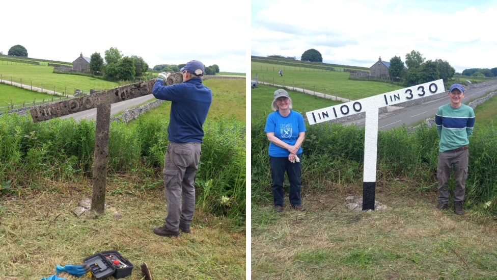 Volunteers standing with gradient boards before and after they were renovated