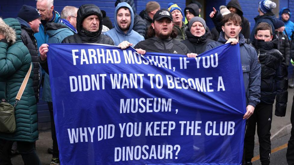 Everton fans protest against owner Moshiri and the club's board of directors at the game against Brentford at Goodison Park in March 2023