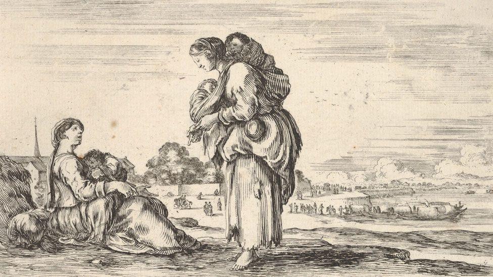 Sefano della Bella sepia coloured line drawing of women and children in 1649, showing a woman sitting on the ground holding a child and another carrying two children, one on her back and the other on front, wearing ragged clothes and bearfoot