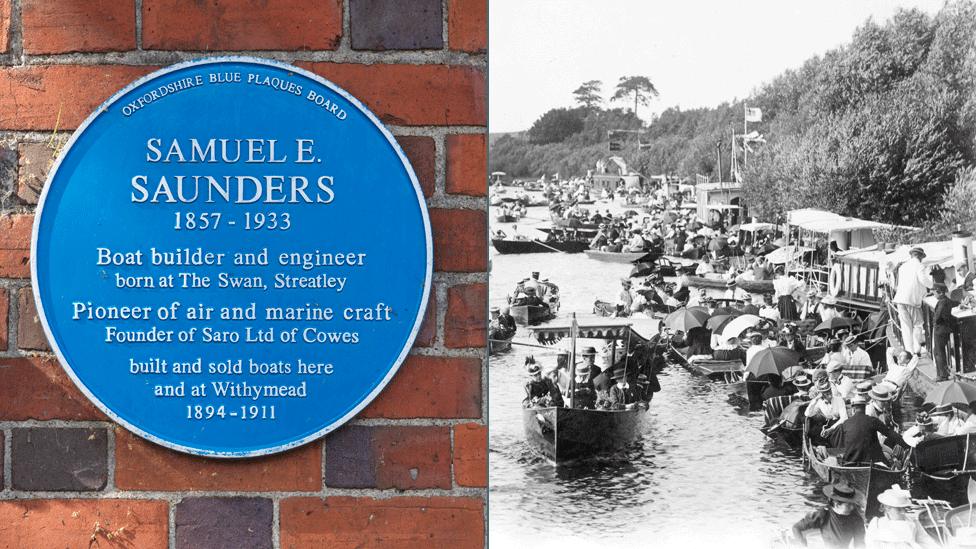 On the left a blue plaque for Saunders (1857-1933) which reads: "Boat builder and engineer born at The Swan, Streatley / Pioneer of air and marine craft / Founder of Saro Ltd of Cowes / built and sold boats here and at Withymead 1894-1911". On the right a 19th Century picture of the river crammed with boats, and Victorian men and women packed into them.