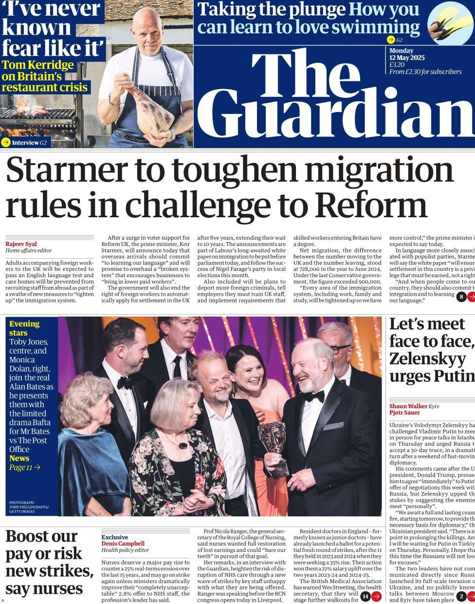 Guardian front page on Monday 12 May 2025