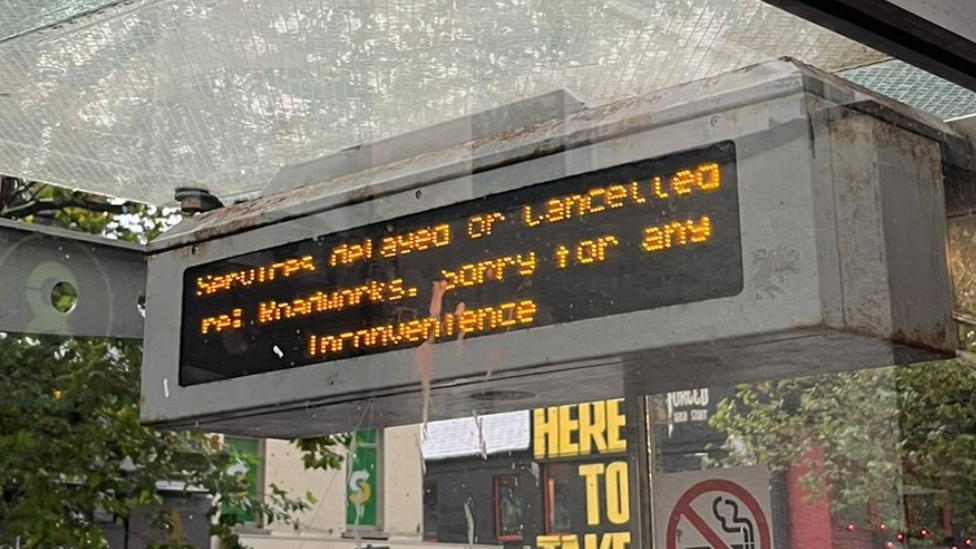 Digital signage informed commuters that some services have been delayed or cancelled due to roadworks