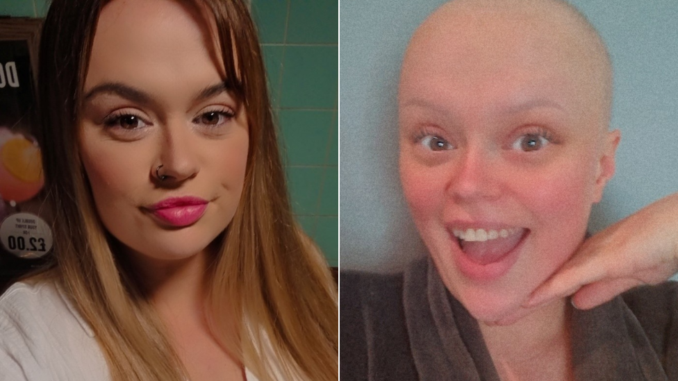 Selfies of Lauren Moger, taken before and during treatment, showing loss of her long blonde hair