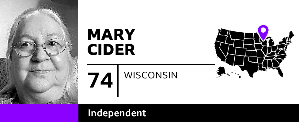 Graphic with photo of Mary Cider, 74, of Wisconsin