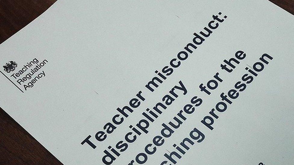 A close-up image of a white piece of paper with the Teaching Regulation Agency logo in the top left corner. There are also the following words: Teacher misconduct: disciplinary procedures for the teaching profession. 