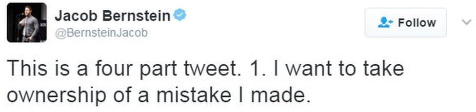 Tweet by Jacob Bernstein says: "This is a four part tweet. 1. I want to take ownership of a mistake I made."