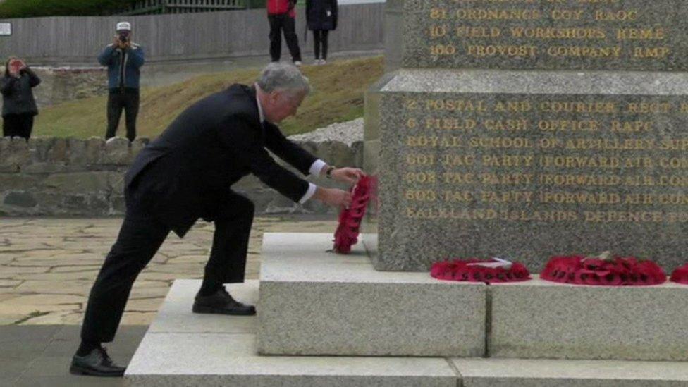 Michael Fallon laying a wreath on the Falkland Islands