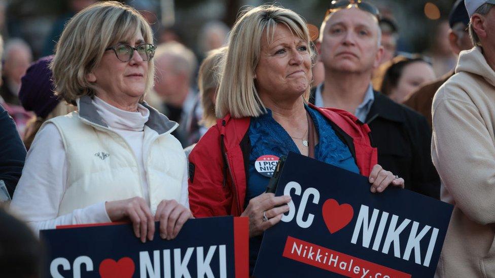 Supporters listen to Republican presidential candidate former U.N. Ambassador Nikki Haley speak during a campaign event at the Henry C. Chambers Waterfront Park February 21, 2024 in Beaufort, South Carolina