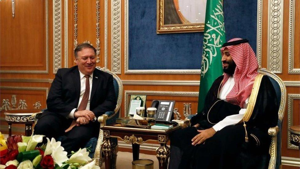 US Secretary of State Mike Pompeo (L) meeting Saudi Crown Prince Mohammed Bin Salman in Riyadh, Saudi Arabia, 16 October 2018