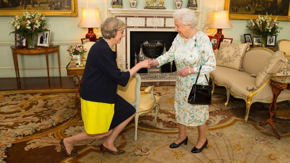 The Queen welcoming former Prime Minister Theresa May at the start of an audience in Buckingham Palace in 2016