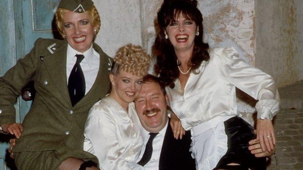 Picture shows (l-r) Kim Hartman as Helga Geerhart, Sue Hodge as Mimi LaBonq, Gorden Kaye as Rene Artois and Vicki Michelle as Yvette Carte-Blanche