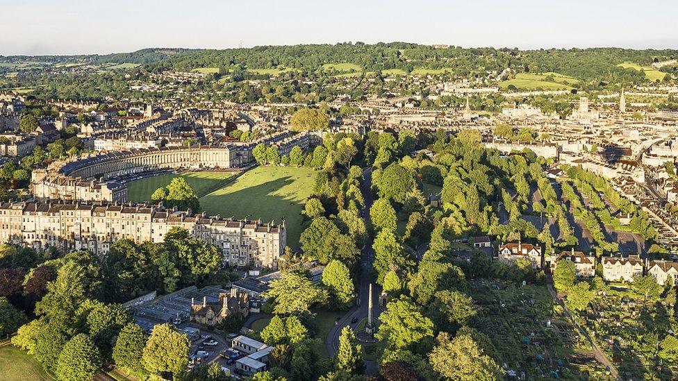 An aerial view of Bath showing the Royal Crescent in the foreground