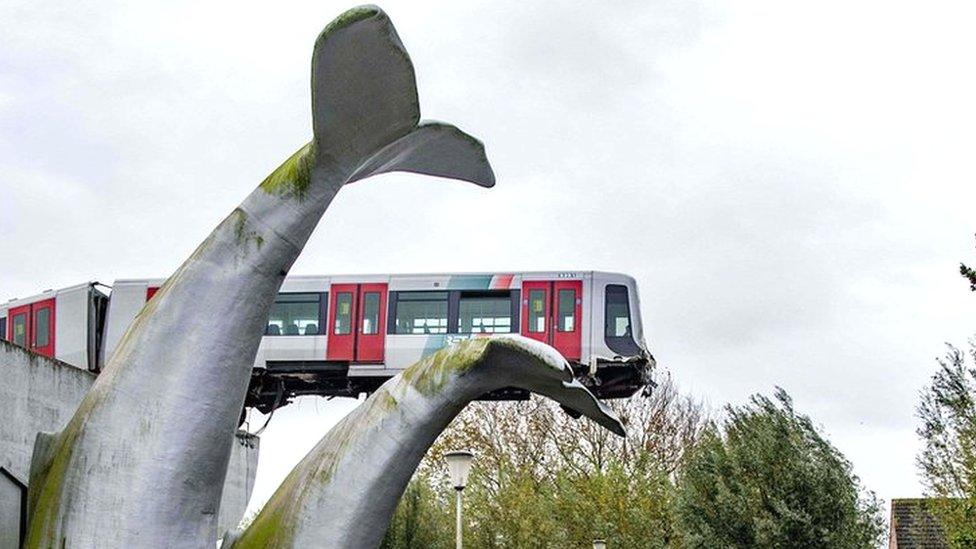 Image shows a metro train that shot through a stop block at De Akkers metro station