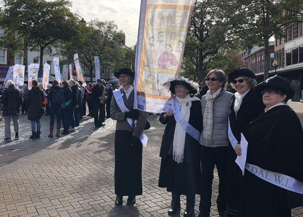 Helen Pankhurst with women celebrating 100 years since women got the vote