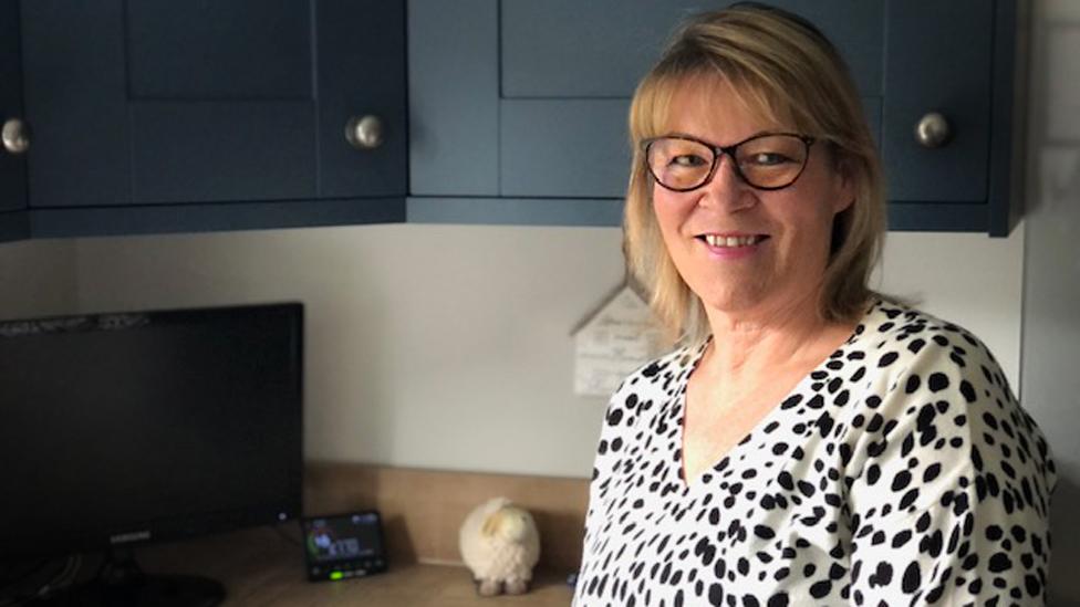 Karen Alexandra stands in her kitchen near her energy smart meter