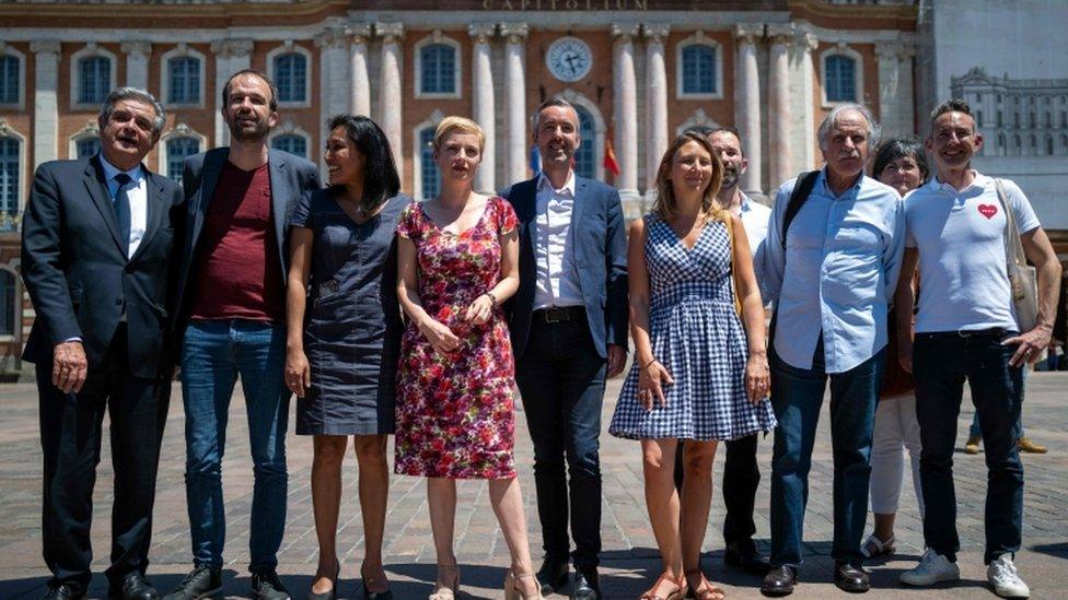 Toulouse city hall candidate of the "Archipel Citoyen" electoral list, Antoine Maurice (C) with supporters