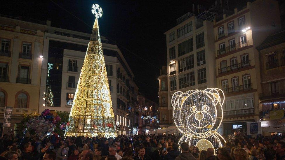 Christmas illuminations brighten the streets of Malaga, Spain