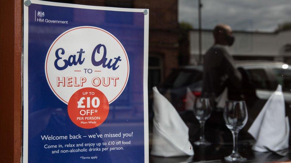 An Eat Out to Help Out scheme sign at a restaurant in Windsor